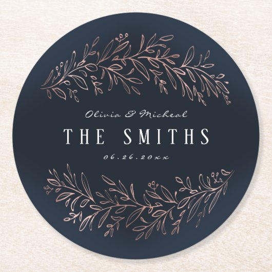 海軍の金箔バラ金ゴールドの植物的なエレガントな結婚式 ラウンドペーパーコースター (正面)