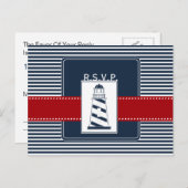海軍は、灯台、航海のな結婚式のrsvp縞で飾ります インビテーションポストカード (正面/裏面)