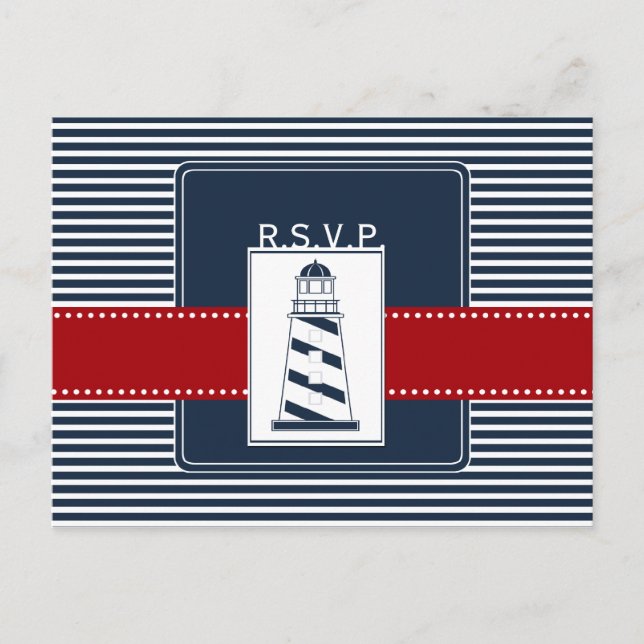 海軍は、灯台、航海のな結婚式のrsvp縞で飾ります インビテーションポストカード (正面)