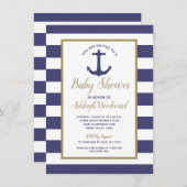 海軍アンカー ネイビーブルーのストライプ 男の子 ベビーシャワー 招待状 (正面/裏面)