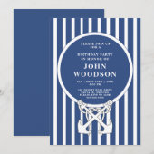 海軍アンカー ネイビーブルー ストライプ 誕生日 招待状 (正面/裏面)