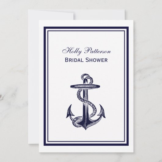 海軍アンカー ネイビーブルー フレーム 2V ブライダルシャワー 招待状 (正面)