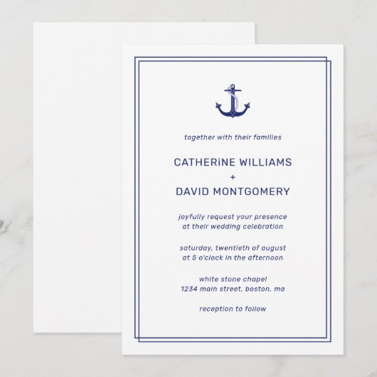 海軍アンカー ネイビー＆ホワイト ミニマル ウェディング 招待状 (正面/裏面)
