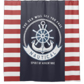 海軍アンカー、ホイール、 ネイビーブルー、赤のストライプ シャワーカーテン (正面)