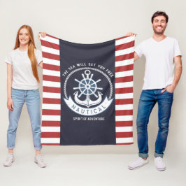 海軍アンカー、ホイール、 ネイビーブルー、赤のストライプ フリースブランケット
