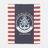 海軍アンカー、ホイール、 ネイビーブルー、赤のストライプ フリースブランケット (正面)