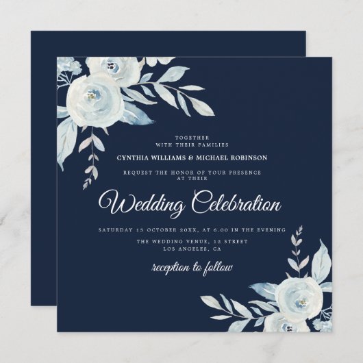 海軍エレガントと埃の多い青フローラ結婚ズ 招待状 (正面/裏面)