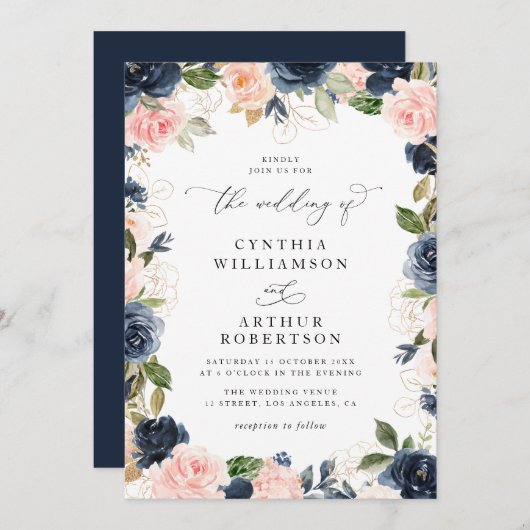 海軍エレガントと赤面のフローラのスクリプ結婚ト 招待状 (正面/裏面)