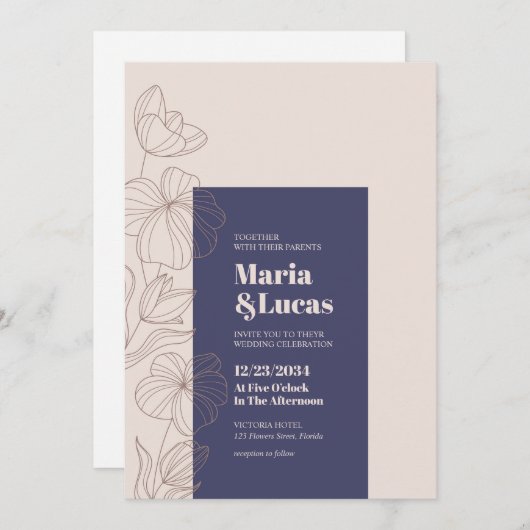 海軍エレガントアイボリーはっきりした結婚タイポグラフィ 招待状 (正面/裏面)