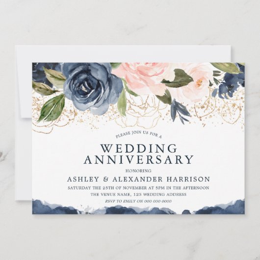 海軍エレガントフローラ金ゴールド結婚赤面記念日 招待状 (正面)