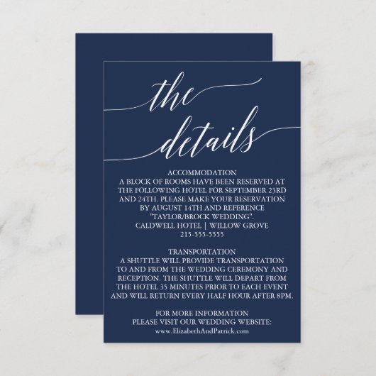 海軍エレガント書道の結婚詳細カード エンクロージャーカード (正面/裏面)