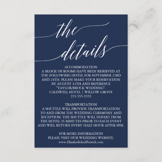 海軍エレガント書道の結婚詳細カード エンクロージャーカード (正面)