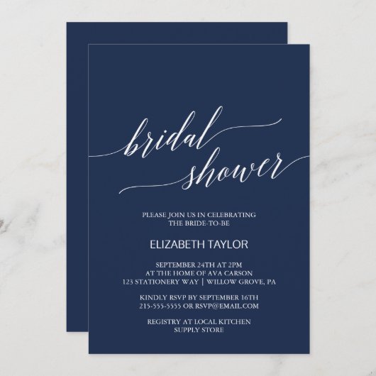 海軍エレガント書道ブライダルシャワー 招待状 (正面/裏面)