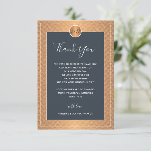 海軍エレガント銅金ゴールドメタリ結婚ック サンキューカード (スタンド正面)