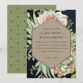 海軍クラフトデザートサボテンの葉の結婚式 招待状 (正面/裏面)