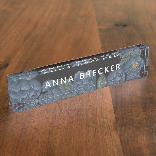 海軍シャクヤクの花のフェミニンなエレガント、暗い デスクネームプレート (側面)