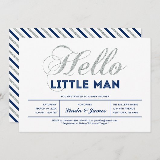 海軍シルバー |タイポグラフィモダンボーイ赤ちゃんシャワー 招待状 (正面/裏面)