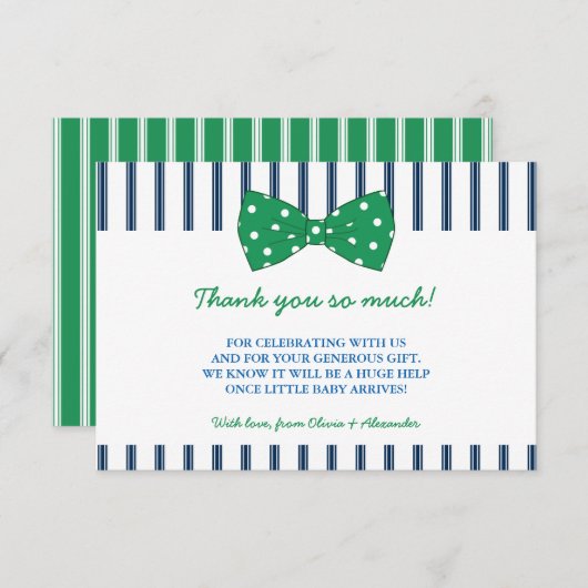 海軍ストライプな及び緑の弓|ベビーシャワーは感謝していしています サンキューカード (正面/裏面)