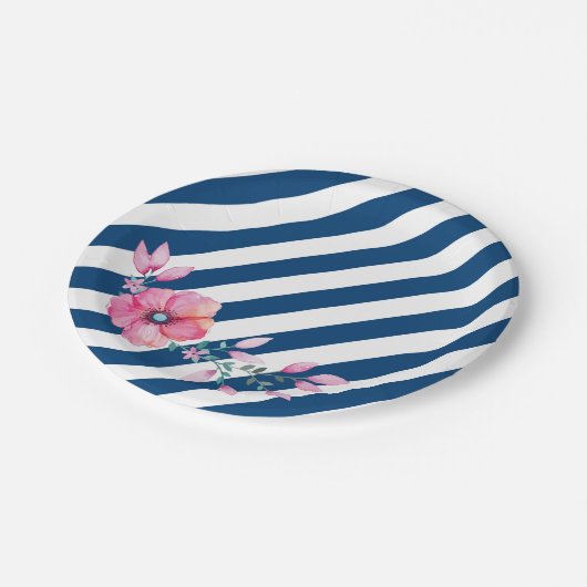 海軍ストライプな、ピンクの花の紙皿 ペーパープレート (アングル)