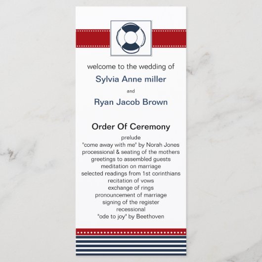 海軍ストライプ、ライフブイ航海のー、結婚式 プログラム (正面)