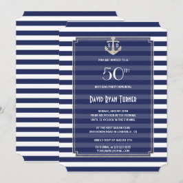 海軍ネイビーストライプ シルバー 50歳誕生日パーティー 招待状