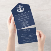 海軍ネイビーブルーエレガントモダンオーシャンウェディング オールインワン招待状 (貼ってはがせる)