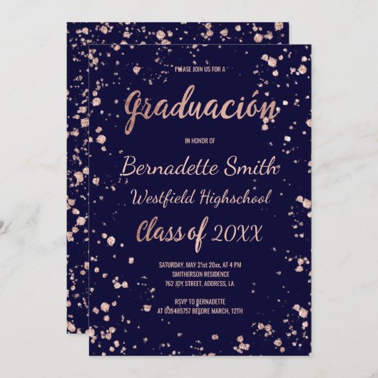 海軍バラ金ゴールド紙吹雪スペインの卒業 招待状 (正面/裏面)