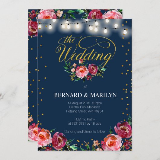 海軍バーガンディMarsalaの花の秋の結婚式の招待状 招待状 (正面/裏面)