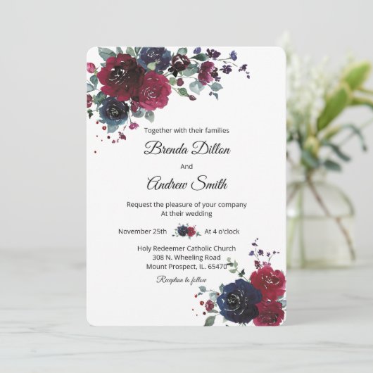 海軍パーソナライズされたとブルゴーニュ結婚ーズ 招待状 (スタンド正面)