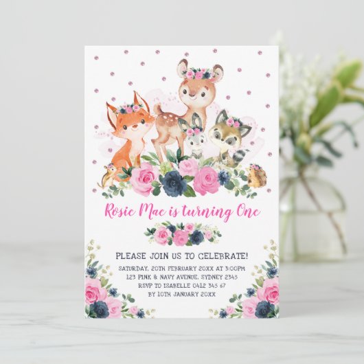 海軍ピンクの花の森林森林動物の誕生日 招待状 (スタンド正面)