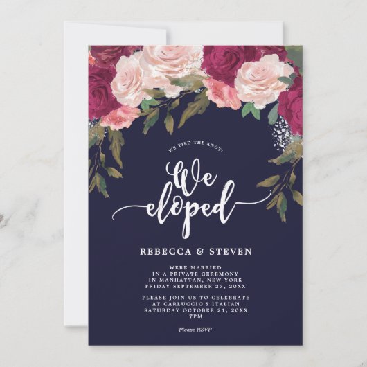 海軍ピンクの花模様のモダン私達は招待駆け落ちしました 招待状 (正面)