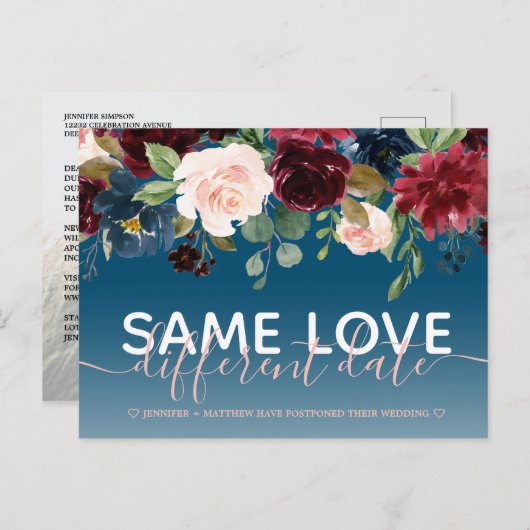 海軍フローラその他の日付の結婚タイポグラフィ写真 案内ポストカード (正面/裏面)