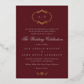 海軍ブルゴーニュのロマンチッククラシックモノグラム結婚ズ 箔招待状 (正面)