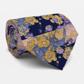 海軍モダンと金ゴールドの水色フローラ ネクタイ (ロール)