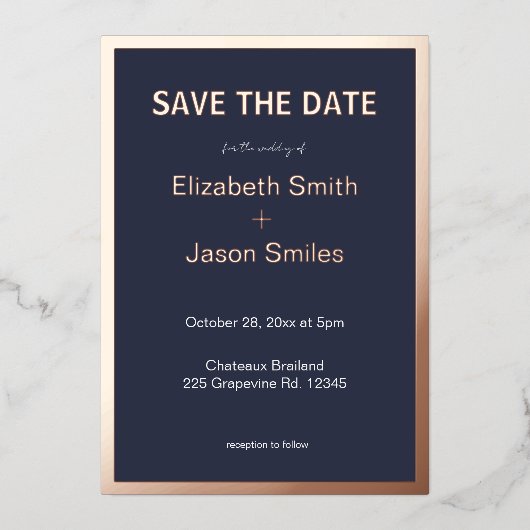 海軍モダン金ゴールド縁ど結婚式の日付の保存 箔招待状 (正面)