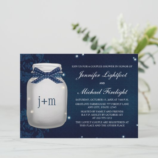 海軍モノグラムのなホタルのメーソンジャーのカップルのシャワー 招待状 (スタンド正面)