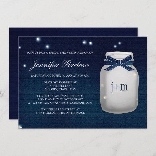 海軍モノグラムのなホタルのメーソンジャーのブライダルシャワー 招待状 (正面/裏面)
