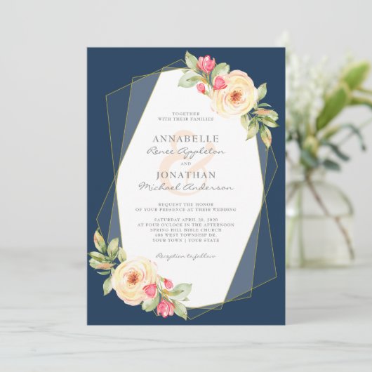 海軍モモの水彩画によっては幾何学的な結婚式が開花します 招待状 (スタンド正面)