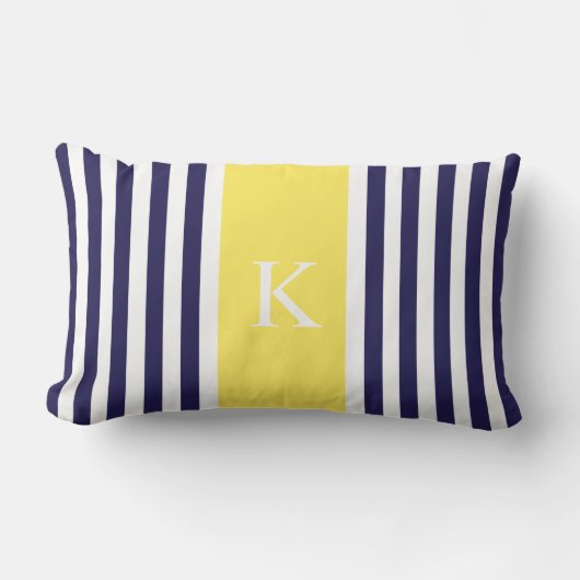 海軍レモン色のストライプなモノグラム ランバークッション (正面)