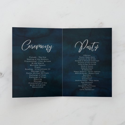 海軍光沢の濃紺の水彩画の結婚式 プログラム (内部)