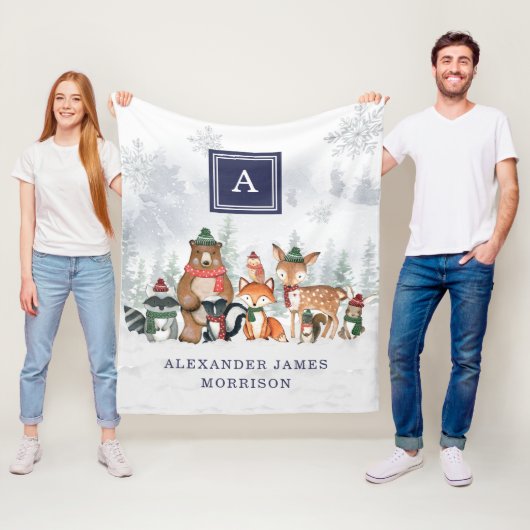 海軍冬季森林動物雪林モノグラム フリースブランケット (インサイチュ)