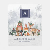 海軍冬季森林動物雪林モノグラム フリースブランケット (正面)