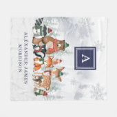 海軍冬季森林動物雪林モノグラム フリースブランケット (正面(横))