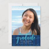 海軍卒業写真ターコイズグリッタースクリプト 招待状 (正面)