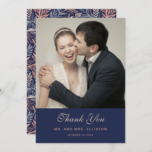 海軍及びピンクの花柄及び植物パターン|は感謝していしています サンキューカード (正面/裏面)