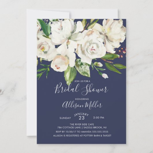 海軍及び白いバラのブライダルシャワーの招待状 招待状 (正面)