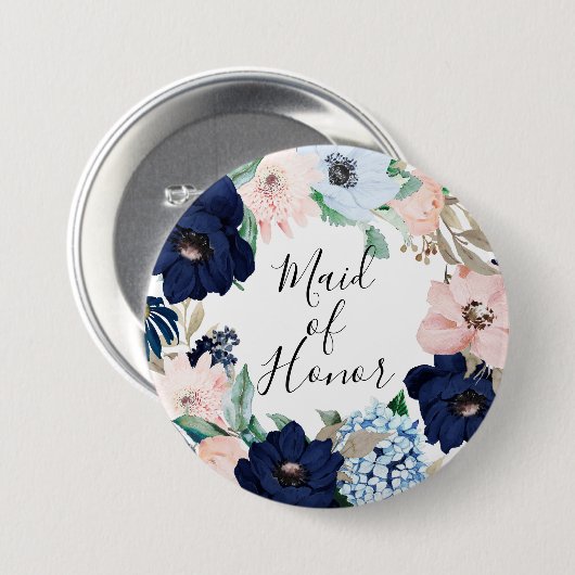 海軍及び赤面の花柄のメイド・オブ・オーナー（花嫁付き添い人） 缶バッジ (正面&裏面)