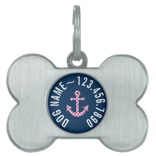海軍名前をカスタムするを用いるかわいいピンクの水玉模様のいかり ペットネームタグ (正面)