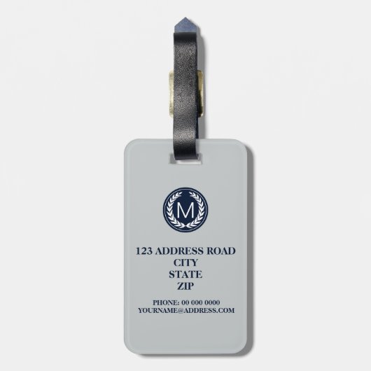 海軍月桂樹のリースのモノグラムが付いている薄い灰色のストライプ ラゲッジタグ (裏面縦)