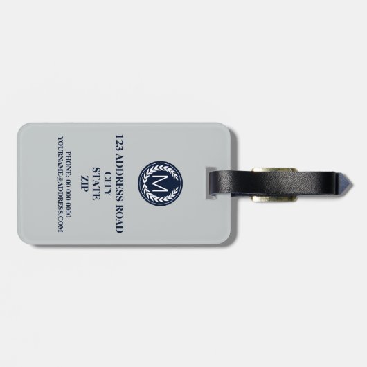海軍月桂樹のリースのモノグラムが付いている薄い灰色のストライプ ラゲッジタグ (裏面横)